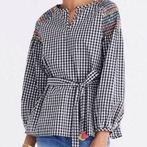 Gingham Belted Blouse with Shoulder Detailing